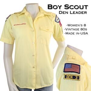 VTG 80s BSA Boy Scouts Womens Den Leader Short Sleeve Shirt Sz 8 Yellow Patches